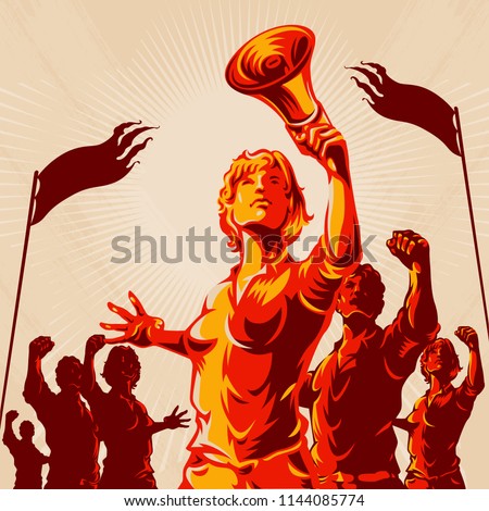 Crowd protest fist revolution poster design. Women leader in front of a crowd holding megaphone. Propaganda Background Style.