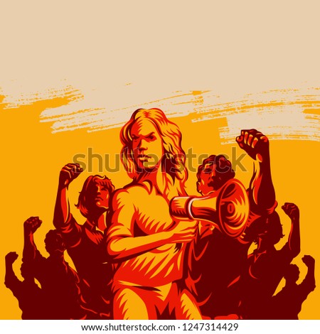 Crowd protest fist revolution poster design. Women leader in front of a crowd holding megaphone. Propaganda Background Style.