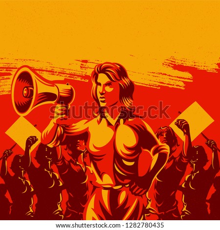 Woman holding megaphone with large crowd of women with their hands raised in the air propaganda style illustration. Retro revolution poster design.