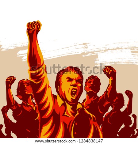 Crowd of People with their hands and fist raised in the air vector illustration. Revolution political protest activism patriotism.