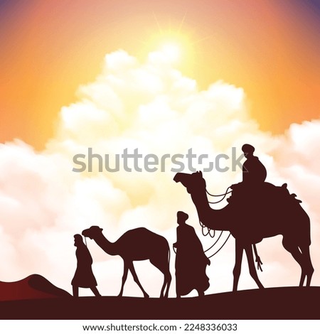 Bedouins and camels in desert dunes under sunset sky illustration. Islamic landscape arabian background.