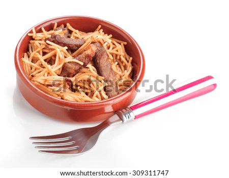 single serving of homemade stew noodles with lean pork pie clay