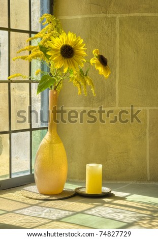 bouquet of summer flowers in front of a sunlit window