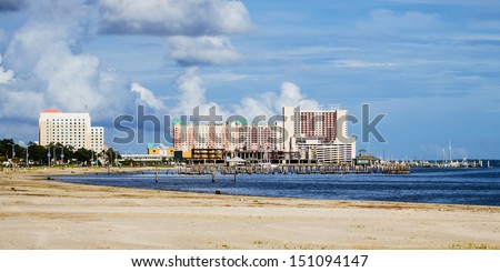Biloxi, Mississippi, casinos and buildings along Gulf Coast shore