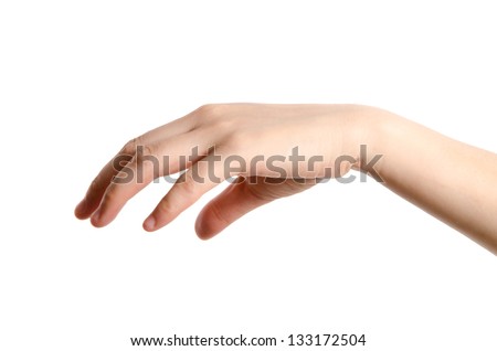 female hand drop or  grab round object, isolated on white background