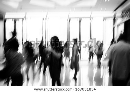 group of people activity, walking in the lobby, black and white