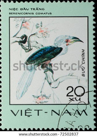 VIETNAM - CIRCA 1977: A stamp printed in Vietnam shows animal bird white-crowned hornbill Berenicornis comatus, circa 1977