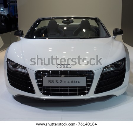 GUANGZHOU, CHINA - DEC 27: Audi r8 5.2 quattro car on display at the 8th China international automobile exhibition. on December 27, 2010 in Guangzhou China.