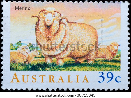 AUSTRALIA - CIRCA 1990: A stamp printed in Australia shows farm animal Merino sheep , circa 1990