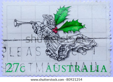 AUSTRALIA - CIRCA 1985: A stamp printed in Australia shows Angel with green leaf wing , circa 1985