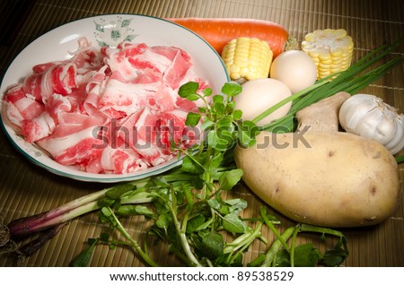 healthy food vegetables ingredient and fat beef slices