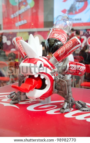 GUANGZHOU, CHINA - MAR 25: Design works on show at CocaCola Creative Design Exhibition, all works were design using wastes of Cocacola productions.  on March 25, 2012 in Guangzhou China.