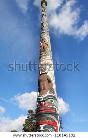 Totem pole against a blue sky