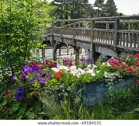 Petunia Flowers in a metal planter by a wooden footbridge over the river Thames in England