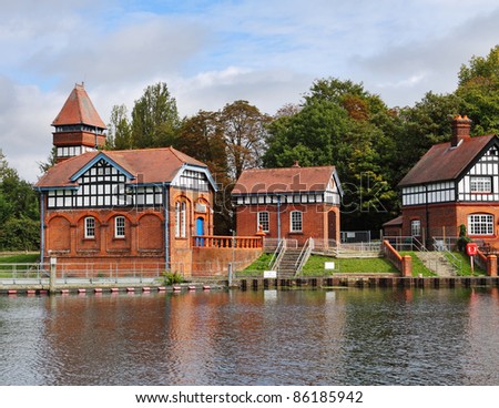 Red Brick water treatment building on the Banks of the River Thames in England