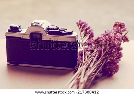 Old camera and bunch of flowers, nostalgic still life, retro instagram filter effect