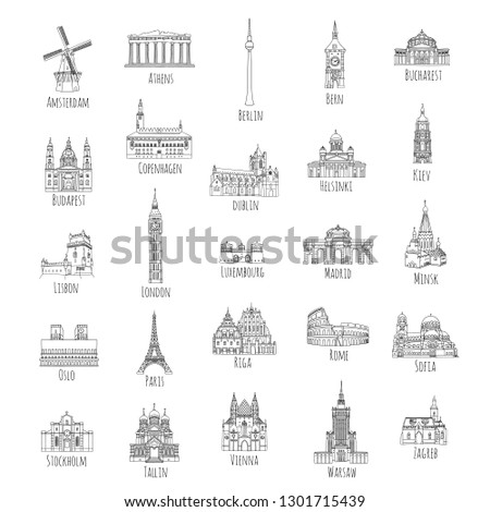 Set of 25 hand drawn landmarks from various European capitals, black ink illustrations Stock fotó © 