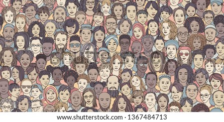 Diverse crowd of people: kids, teens, adults and seniors - seamless banner of hand drawn faces of various age groups and ethnicities