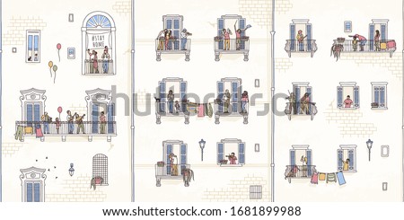 Illustration of tiny people at home in quarantine, making music on their balconies, coronavirus pandemic 2020