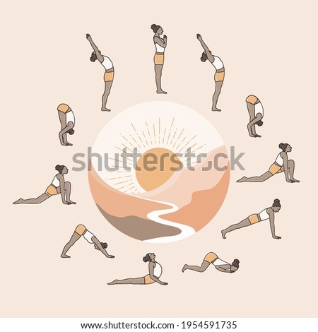 Hand drawn illustration of a young woman doing sun salutation, with a drawing of the sun and mountains