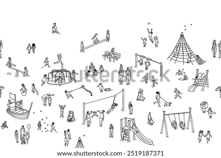 Seamless black and white banner with hand drawn tiny children playing, running and having fun at the playground