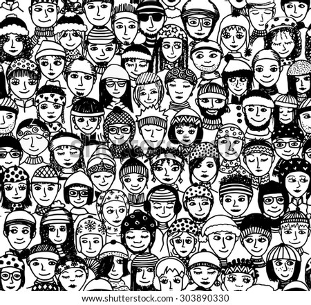 Winter people - seamless pattern of a crowd of smiling people from different cultural and ethnic backgrounds with winter hats and scarfs