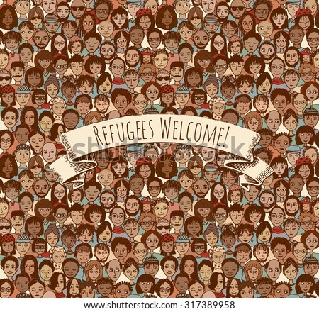 Refugees Welcome! Tileable background pattern of hand drawn faces with removable banner