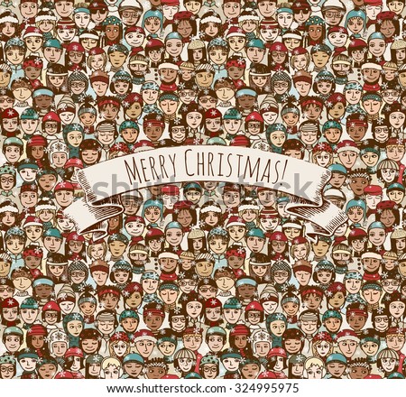 Merry Christmas! - huge crowd of hand drawn people with hats and scarves in winter celebrating Christmas (seamless pattern with removable banner)