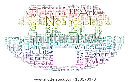 Rainbow colored word cloud image of Noah\'s Ark isolated on white.