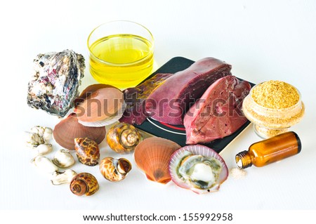 Variety of foods with Chromium (minerals) isolated on white
