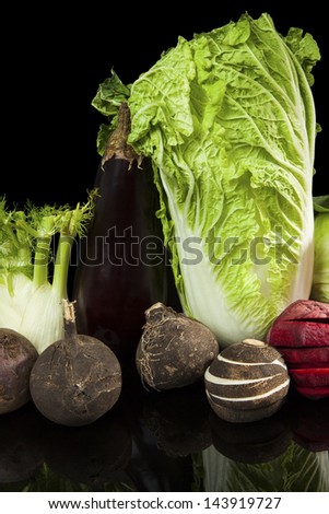 Colorful vivid fresh vegetable still life. Chinese cabbage, black radish, fennel and beet isolated on black background. Healthy culinary eating.