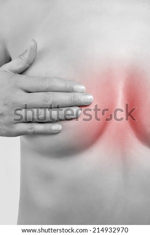 Chest pain. Female hand touching naked breast isolated on white background. Black and white picture with red pain area. Feminine health concept.
