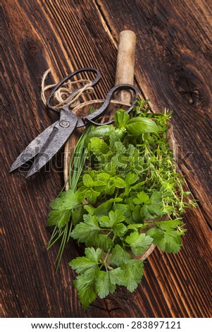 Various aromatic culinary herbs. Thyme, marjoram, basil, mint, chives and parsley on wooden plate on old brown wooden background. Rustic, vintage, natural, country style images.