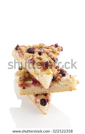 Traditional rhubarb cake isolated on white background. Culinary sweet dessert eating.