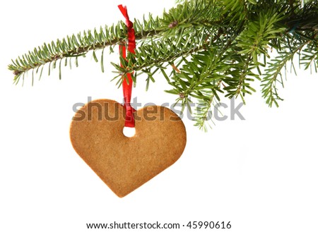 Gingerbread heart hanging under fir branch and isolated against white background