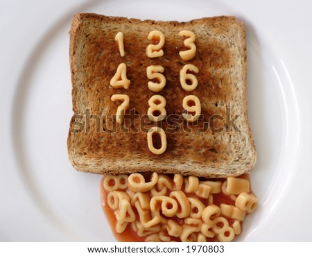 number spaghetti with numbers arranged in sequence on a piece of toast