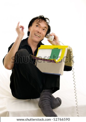 casual party time man calling friends with invitation to celebrate festivity of holiday,  birthday wish , best reason to having fun. isolated white background