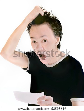 hair pulling ethnic male adult in shock and rage  from receiving note with bad news . white background studio