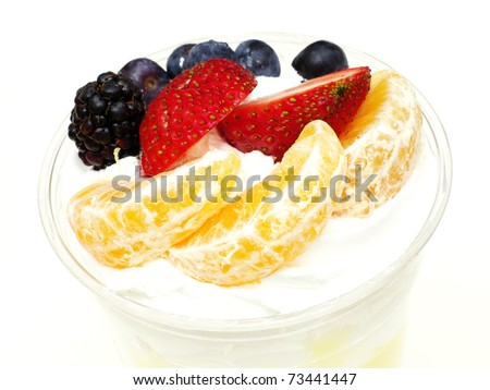 fruit parfait custard cream yogurt  and mixed fruit white background.