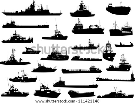 Set Of 25 (Twenty Five) Silhouettes Of Sea Yachts, Towboat And The ...