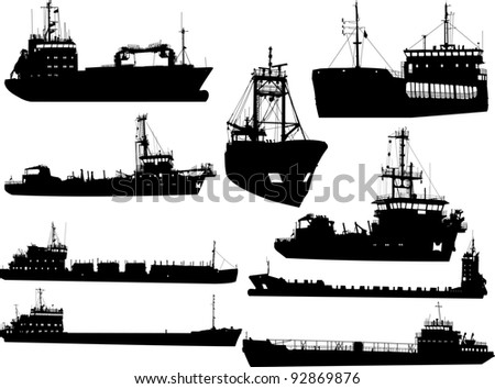 Set Of Silhouettes Of The Sea Cargo Ships Stock Vector Illustration ...