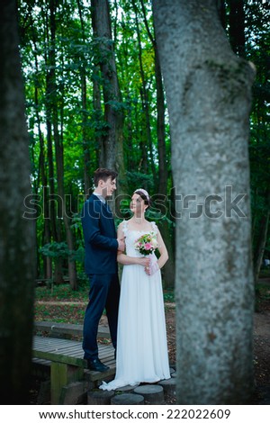 Wedding shot of bride and groom in park. summer nature outdoor. Beautiful bride and groom is enjoying his wedding day.  They kiss and hug each other