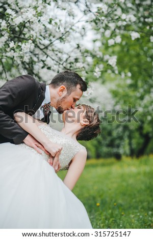 wedding couple. Beautiful bride and groom. Just merried. Close up. Happy bride and groom on their wedding hugging. Groom and Bride in a park. wedding dress. Bridal wedding bouquet of flowers