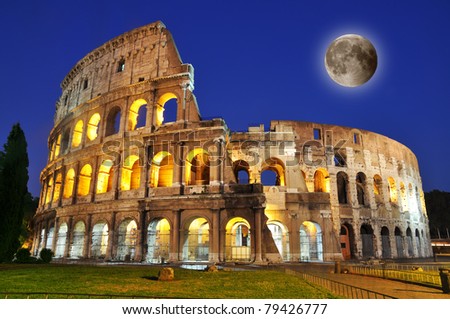 Colosseum with full moon at dusk, Rome, Italy