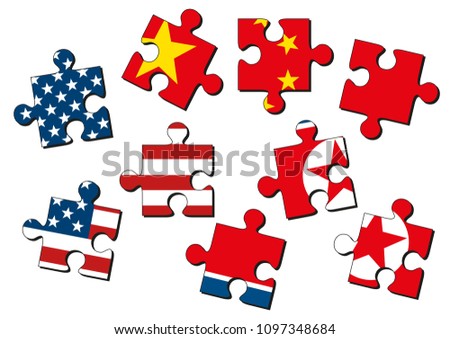 USA, China and North Korea as jig saw puzzle pieces with flags of the United States of America, China and North Korea isolated on white background. Vector illustration