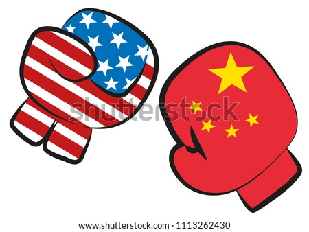 USA China trade war conflict illustrated by a boxing match with USA and China flags in boxing gloves fighting each other, vector illustration isolated on white