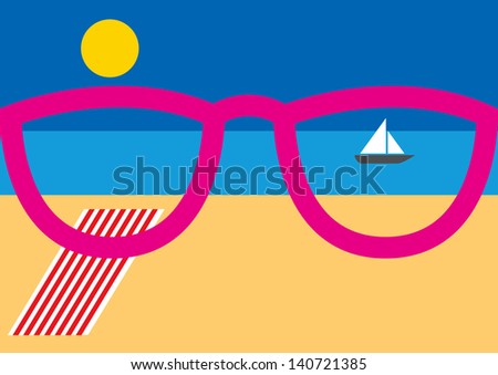 Relaxing picture with pink sunglasses lying on a beach with striped towel and sail boat in sunny weather with a clear blue sky and copy space for writing