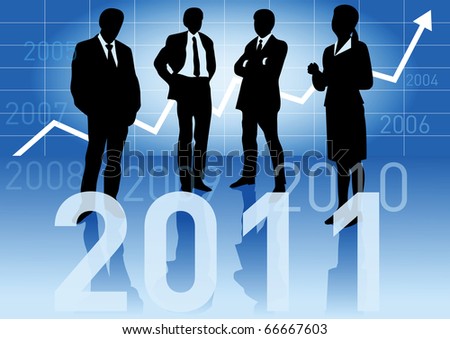 Business people in different situations with a big 2011 sign in front and with a business graph arrow going up and showing the years 1994-2010 in the background.