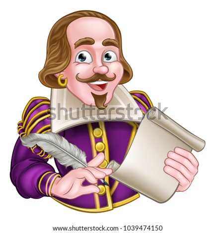 William Shakespeare cartoon character holding a feather quill and scroll