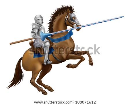 Drawing of a jousting knight in armour on horse back.